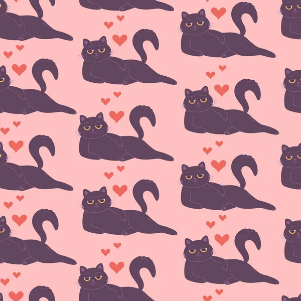Симпатичная Черная Кошка Бесшовным Рисунком Сердца День Святого Валентина Влюбленность — стоковый вектор