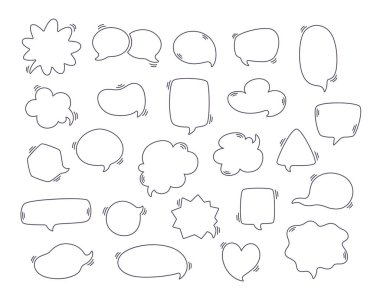 Konuşma baloncukları hazır. Taslak metin baloncukları, farklı stillerde ve kopyalama alanlarıyla komik konuşma balonu. Vektör illüstrasyonu