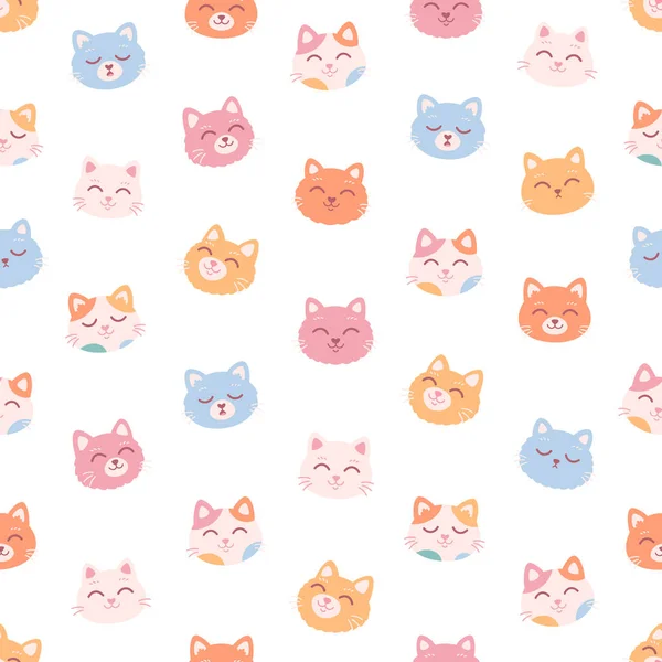 Roztomilé Barevné Kočky Čelí Bezproblémovému Vzoru Kočičí Postavy Různými Emocemi — Stockový vektor