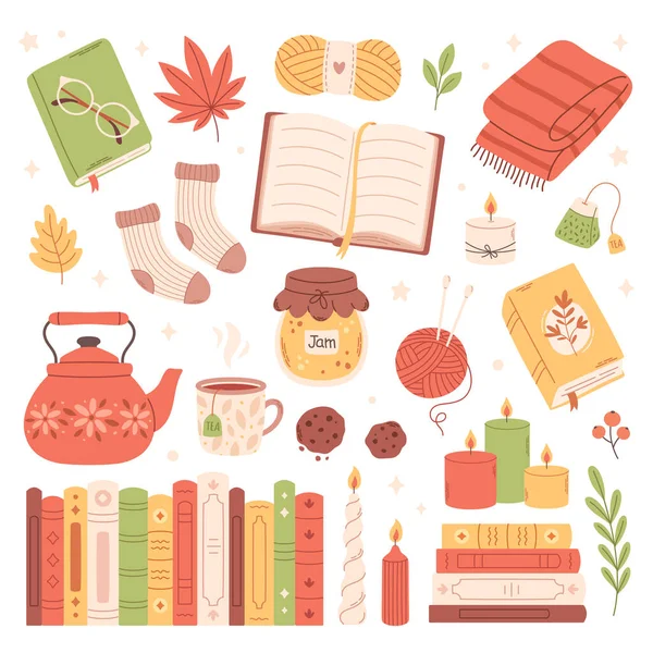 Sonbahar seti şirin ve samimi tasarım elementleri. Sonbahar havası, kızartıcı ruh hali. Vektör illüstrasyonu