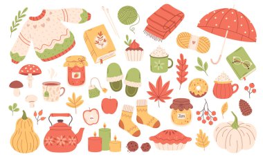 Sonbahar seti şirin ve samimi tasarım elementleri. Sonbahar havası. Sonbahar bitkileri, yemek, hasat festivali ve şükran günü özellikleri. Vektör illüstrasyonu