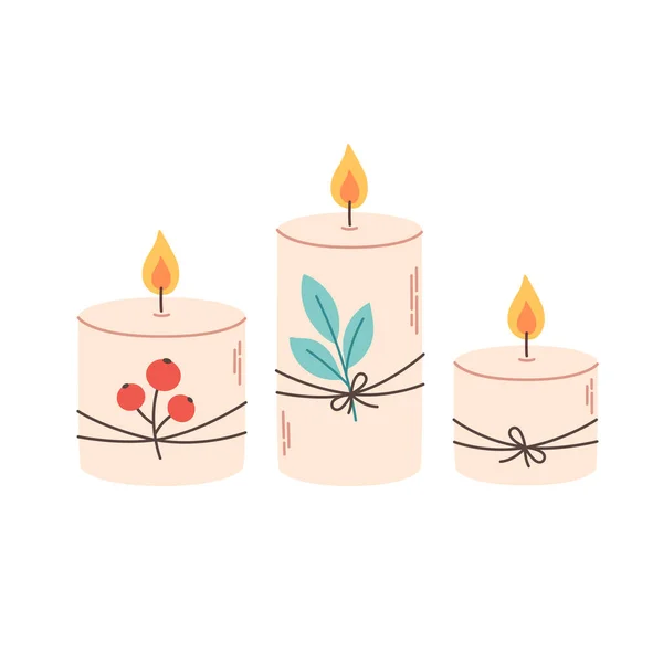 Cute Decorative Wax Candles Leaf Viburnum Vector Illustration — Stock Vector