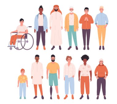Farklı ırktan, milliyetten, yaştan insanlar. Fiziksel engelli erkekler. Sosyal çeşitlilik. Vektör illüstrasyonu