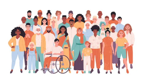 Crowd of people of different races, nationalities, age, people with disability. Multicultural society. Social diversity of people in modern society. Vector illustration