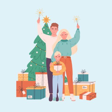 Noel 'i ya da yeni yılı kutlayan çocuklu bir aile. Hediyeli Noel ağacı. Vektör illüstrasyonu