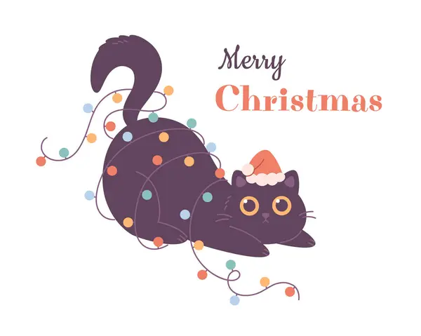 Leuke Zwarte Kat Kerstmuts Die Met Kerstslinger Speelt Vrolijk Kerstfeest Stockvector