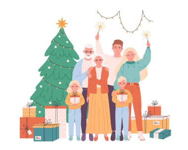 Noel 'i ya da yeni yılı kutlayan çocuklu ve büyük ebeveynli bir aile. Hediyeli Noel ağacı. Düz biçimli vektör illüstrasyonu