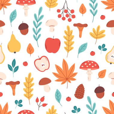 Sonbahar yaprakları, bitkiler, mantarlar ve meyvelerle kusursuz desen. Sonbahar, merhaba sonbahar. Düz biçimli vektör illüstrasyonu