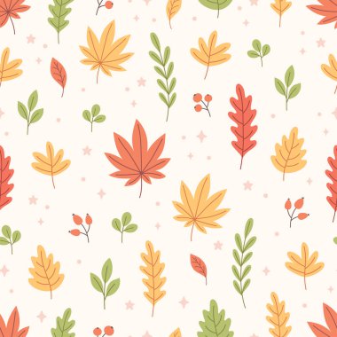 Sonbahar pürüzsüz bir desen bırakır. Sonbahar yaprakları, sonbahar zamanı. Kumaş, tekstil, ambalaj kağıdı için tasarım. El çizimi vektör illüstrasyonu