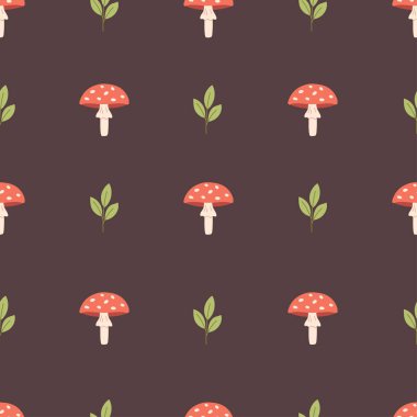 Mantarlar pürüzsüz. Zehirli mantar izi yok. Kumaş, tekstil, ambalaj kağıdı için tasarım. Düz biçimli vektör illüstrasyonu