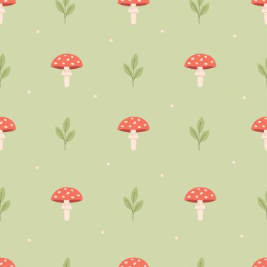 Zehirli mantarlı ve filizli kusursuz desen. Kumaş, tekstil, ambalaj kağıdı için tasarım. Düz biçimli vektör illüstrasyonu