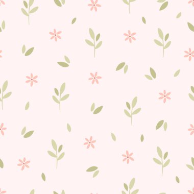 Yumuşak, pürüzsüz desenli, küçük filizli ve çiçekli. Çocuk odası minimalist baskısı. Tekstil, duvar kâğıdı, ambalaj kağıdı. Düz biçimli vektör illüstrasyonu