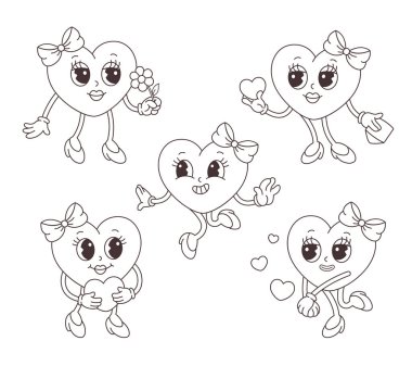 Eski moda karikatür kalp karakterleri. Özet kalp, boyama kitabı. Sevgililer Günü. Vektör illüstrasyonu