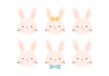Sevimli tavşan suratlar. Paskalya beyaz tavşanı. Fiyonklu tavşan karakterler. Düz biçimli vektör illüstrasyonu