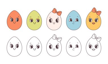 Eski moda paskalya yumurtası karakterleri. Moda tarzı, klasik. Mutlu Paskalyalar. Boyama kitabı sayfası. Düz biçimli vektör illüstrasyonu