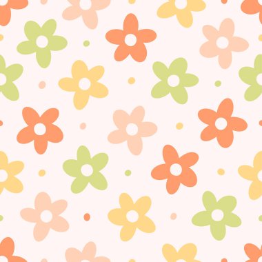 Soyut retro-estetik papatya çiçekleriyle kusursuz desen. Klasik çiçek desenleri. Hippi 60 'lar, 70' ler, 80 'ler tarzı. Düz biçimli vektör illüstrasyonu