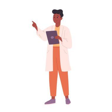 Beyaz önlüklü bilim adamı, doktor ya da biyolog elinde dijital tablet tutuyor. Doktor tıbbi karta bakıyor. Düz biçimli vektör illüstrasyonu