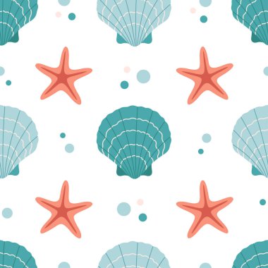 Deniz kabukları, yumuşakçalar ve deniz yıldızlarıyla kusursuz desen. Tropik deniz kabukları. Kusursuz yaz şablonu. Düz biçimli vektör illüstrasyonu