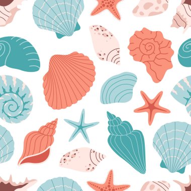 Deniz kabukları, yumuşakçalar ve deniz yıldızlarıyla kusursuz desen. Tropik deniz kabukları. Kusursuz yaz şablonu. Düz biçimli vektör illüstrasyonu