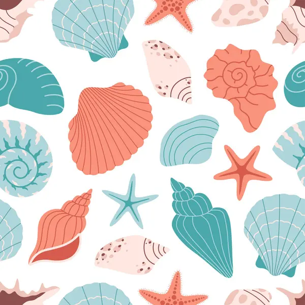 Deniz kabukları, yumuşakçalar ve deniz yıldızlarıyla kusursuz desen. Tropik deniz kabukları. Kusursuz yaz şablonu. Düz biçimli vektör illüstrasyonu