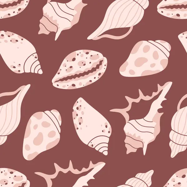 海の貝 モルク 海のカタツムリが付いているシームレスなパターン トロピカルビーチシェル 夏のシームレスなパターン フラットスタイルのベクトルイラスト — ストックベクタ