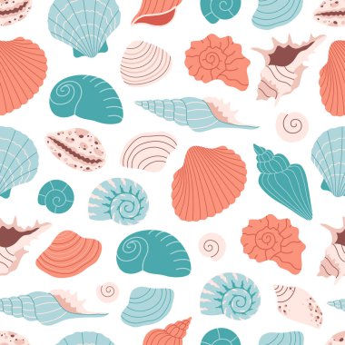 Deniz kabukları, yumuşakçalar ve deniz yıldızlarıyla kusursuz desen. Tropik deniz kabukları. Kusursuz yaz şablonu. Düz biçimli vektör illüstrasyonu