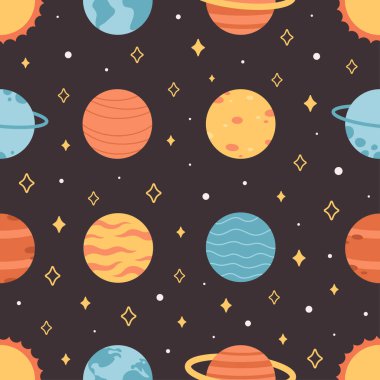 Gezegenler, uzay ve yıldızlarla kusursuz bir düzen. Düz biçimli vektör illüstrasyonu