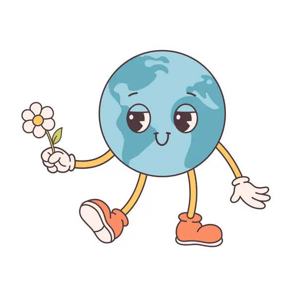 Trendige Cartoon Groovy Planet Charakter Retro Stil Der 60Er Und Stockvektor
