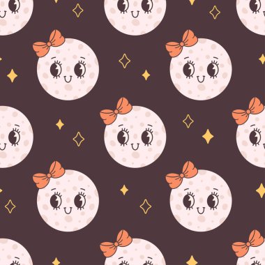 Ay, uzay ve yıldızla kusursuz bir düzen. Son moda çizgi film karakteri. Düz biçimli vektör illüstrasyonu