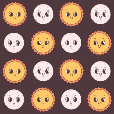 Ay ve Güneş 'le kusursuz bir düzen. Son moda çizgi film karakterleri. Düz biçimli vektör illüstrasyonu