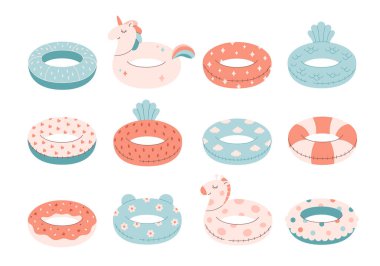 Şişirilebilir Yüzme Halkaları. Lastik halkalar. Yaz tatili. Şişirilebilir yüzme havuzu oyuncakları. Düz biçimli vektör illüstrasyonu