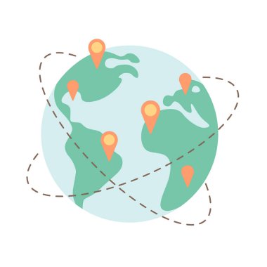 Kırmızı noktalı Dünya gezegeni. Seyahat, yolculuk, yol güzergahı. Dünya seyahati ya da GPS navigasyon konsepti. Düz biçimli vektör illüstrasyonu