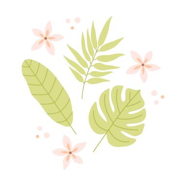 Tropik yapraklar ve çiçeklerle kusursuz desen. Yaz zamanı, tropikal bir yer. Düz biçimli vektör illüstrasyonu