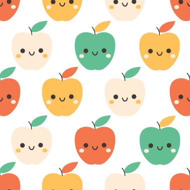 Şirin elma karakterli kusursuz desen. Meyvesiz, dikişsiz desen. Düz biçimli vektör illüstrasyonu