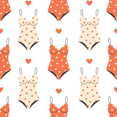 Geçmişe dönük şirin mayosu olan kusursuz bir desen. Merhaba yaz, yüzme, plaj zamanı. Düz biçimli vektör illüstrasyonu