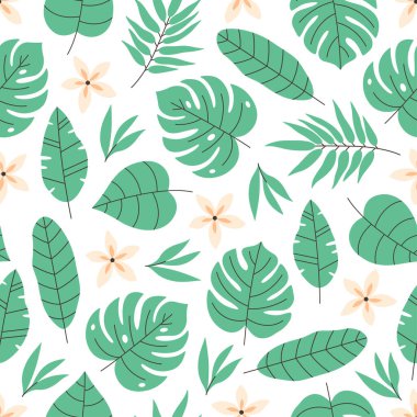 Tropik yapraklar ve çiçeklerle kusursuz desen. Yaz zamanı, tropikal bir yer. Düz biçimli vektör illüstrasyonu