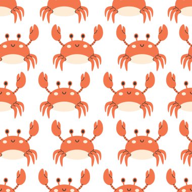 Sevimli yengeçlerle kusursuz desen. Deniz hayvanı. Okyanus hayvanları. Düz biçimli vektör illüstrasyonu