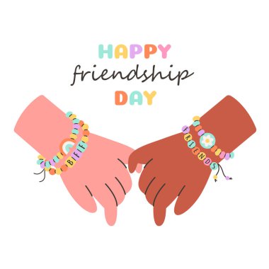 Arkadaşlık gününüz kutlu olsun. Çocuklar el ele tutuşuyor ve plastik boncuklarla el yapımı arkadaşlık bilezikleri takıyor. Düz biçimli vektör illüstrasyonu