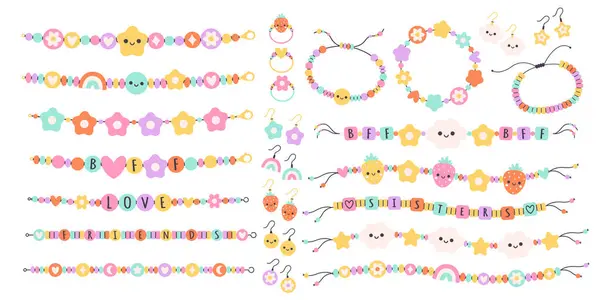 Çocuk mücevher seti. Plastik boncuklu renkli el yapımı bilezikler, mektuplar, yıldızlar, kalpler, çiçekler. Arkadaşlık bilezikleri, küpeler, yüzükler. Düz biçimli vektör illüstrasyonu