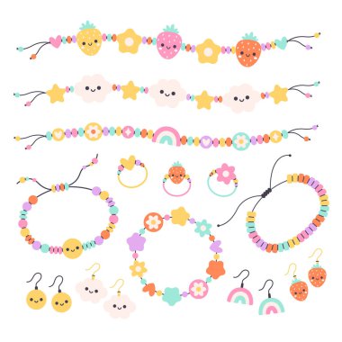 Çocuk mücevher seti. Plastik boncuklu renkli el yapımı bilezikler, mektuplar, yıldızlar, kalpler, çiçekler. Arkadaşlık bilezikleri, küpeler, yüzükler. Düz biçimli vektör illüstrasyonu