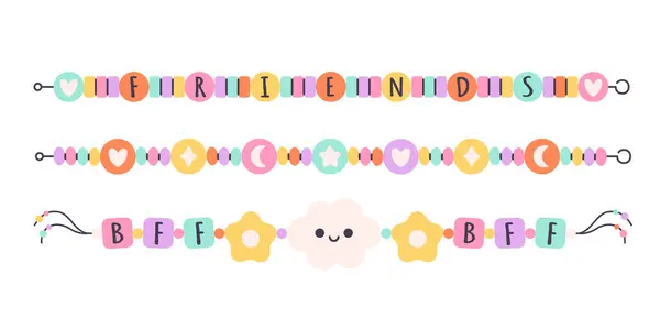 Çocuk mücevher seti. Plastik boncuklu renkli el yapımı bilezikler. Arkadaşlık bilezikleri. Düz biçimli vektör illüstrasyonu