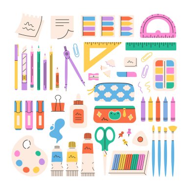 Okul kırtasiyesi ve sanat malzemeleri seti. İnceleme için aksesuarlar. Okula dönelim. Düz biçimli vektör illüstrasyonu