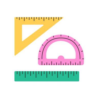 Sevimli plastik cetvel, açıölçer, üçgen. Okul malzemeleri ve çalışma için kırtasiye malzemeleri. Düz biçimli vektör illüstrasyonu