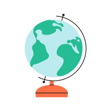 Okul dünyası küresi ayakta duruyor. Kıtalar ve okyanus modeli küre. Düz biçimli vektör illüstrasyonu