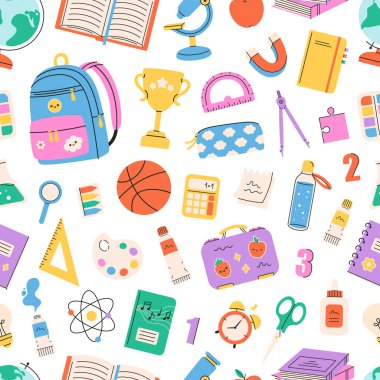 Okul malzemelerinde kusursuz desen. Okula dönelim. Düz biçimli vektör illüstrasyonu