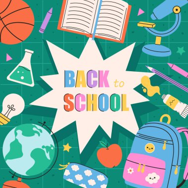 Moda okulu posteri, arka plan. Okul malzemeleri, eğitim etiketleri, kırtasiye malzemeleri ile modern tasarım. Okul konseptine geri dönelim. Düz biçimli vektör illüstrasyonu