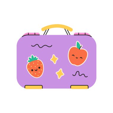 Çocuklar için şirin beslenme çantası. Okul beslenme çantası. Tatlı çıkartmalı yiyecek konteynırı. Düz biçimli vektör illüstrasyonu