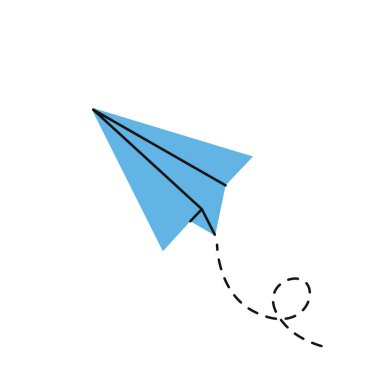 Şirin kağıt uçak. Origami uçağı. Başla, hedef al, fırlatma konsepti. Mesaj yolluyor, uçakla posta yolluyor. Düz biçimli vektör illüstrasyonu