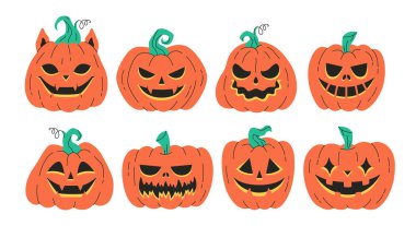 Tatlı ve korkutucu Cadılar Bayramı balkabakları, Jack O 'Lantern. Cadılar Bayramın kutlu olsun, şeker mi şaka mı? Düz biçimli vektör illüstrasyonu