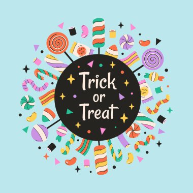 Şeker mi şaka mı? Cadılar Bayramı tatlıları ve şekerler. Mutlu Cadılar Bayramı tebrik kartları. Düz biçimli vektör illüstrasyonu